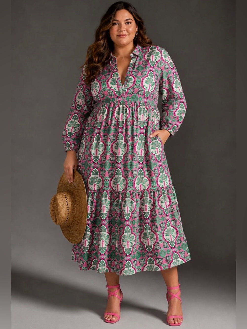 Anthropologie Maeve Bettina Tiered Shirt Dress Size Extra Large Green Pink